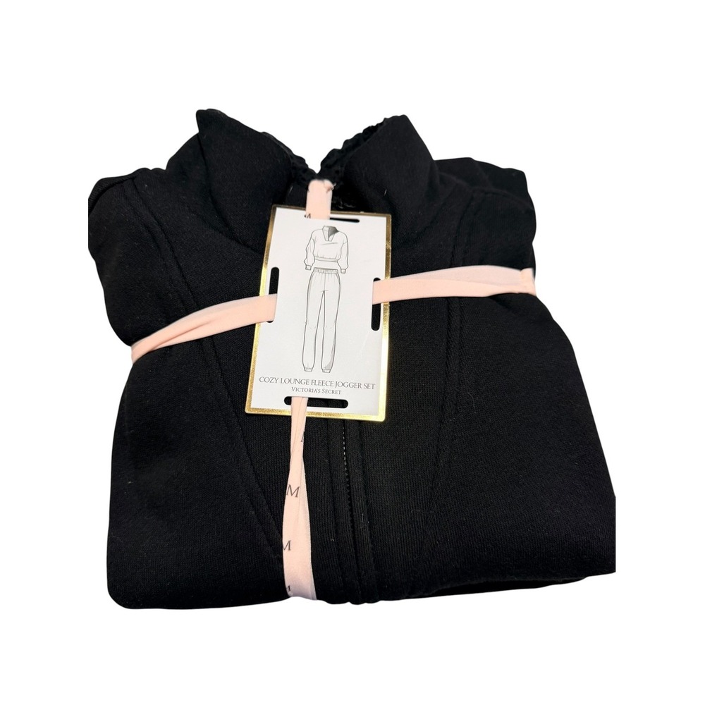 Victoria's Secret Cozy Lounge Fleece Jogger Set Black Full Zip 2 Piece Medium